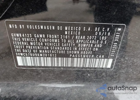 2019 Volkswagen Jetta из США, поврежденный, VIN 3VWC57BU9KM201612